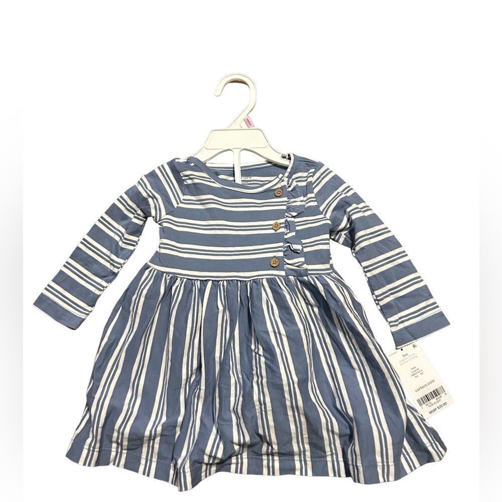 Infant Girls Carter’s Long Sleeve Blue Striped Dress NWT